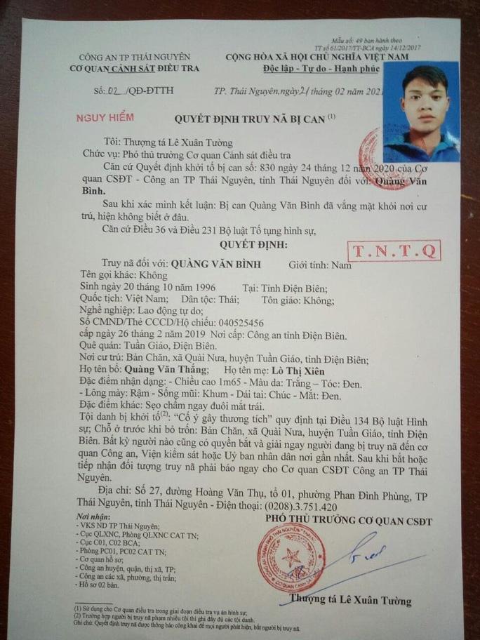 Quyết định truy nã của Công an TP Thái Nguyên.