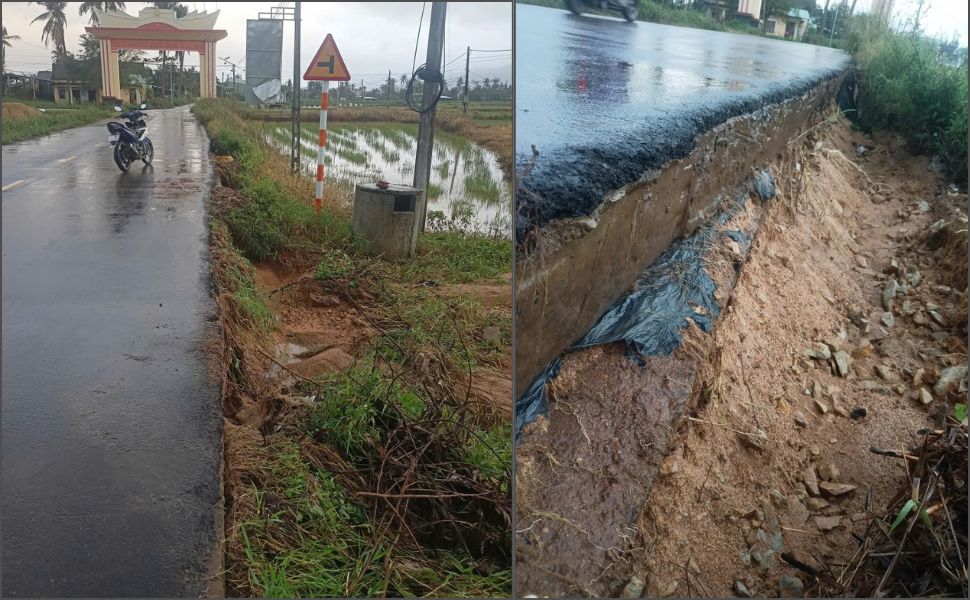 Nước rút, một số khu vực thuộc thôn Trung Thành 2 xuất hiện tình trạng sạt lở. Ảnh: Hoài Phương