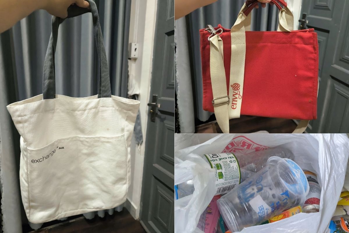 Hoạt động phân loại rác thải sinh hoạt và bộ sưu tập túi vải của chị Thủy trên hành trình chuyển đổi xanh. Ảnh: NVCC