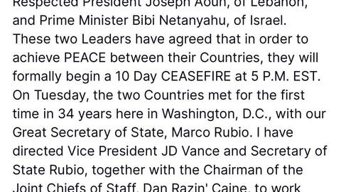 Ông Trump tuyên bố thành tựu thứ 10: Thỏa thuận ngừng bắn Israel - Lebanon