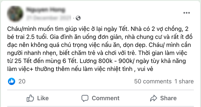 Nhiều gia đình đăng tuyển giúp việc 10 ngày Tết với mức lương hấp dẫn.