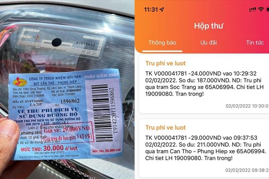 Xe có dán thẻ ePass phải mua vé thủ công để qua trạm BOT Cần Thơ - Phụng Hiệp lúc 9:38 ngày 2.2. Nhưng sau khi mua vé, tài khoản thu phí tự động vẫn bị trừ tiền. Ảnh ĐP