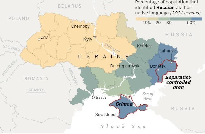 Bản đồ tỉ lệ dân số Ukraina xem tiếng Nga là ngôn ngữ mẹ đẻ theo điều tra dân số năm 2001. Ảnh chụp màn hình.