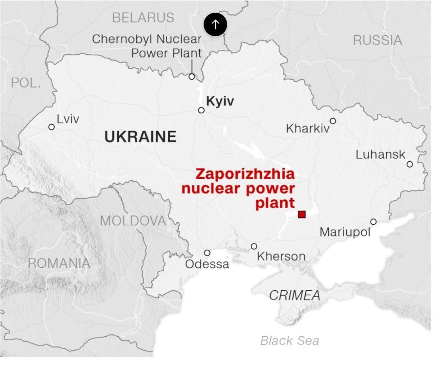 Vị trí nhà máy điện hạt nhân Zaporizhia ở Enerhodar, đông nam Ukraina. Ảnh chụp màn hình.