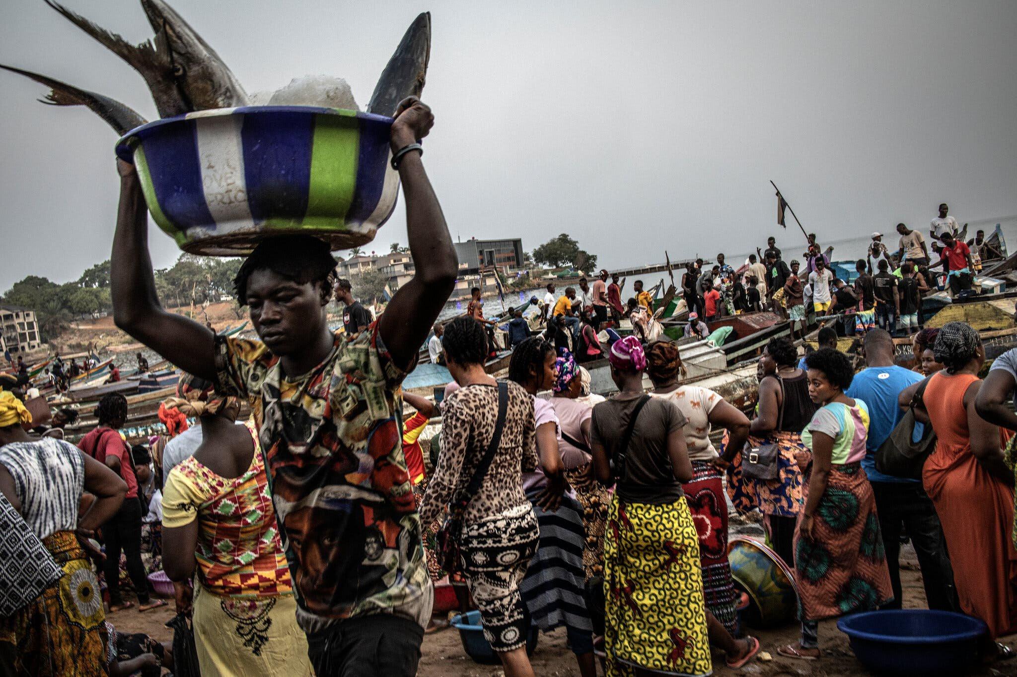 Một buổi sáng nhộn nhịp tại chợ cá ở Vịnh Man of War, Freetown, thủ đô Sierra Leone. Ảnh: Finbarr O'Reilly/The New York Times.