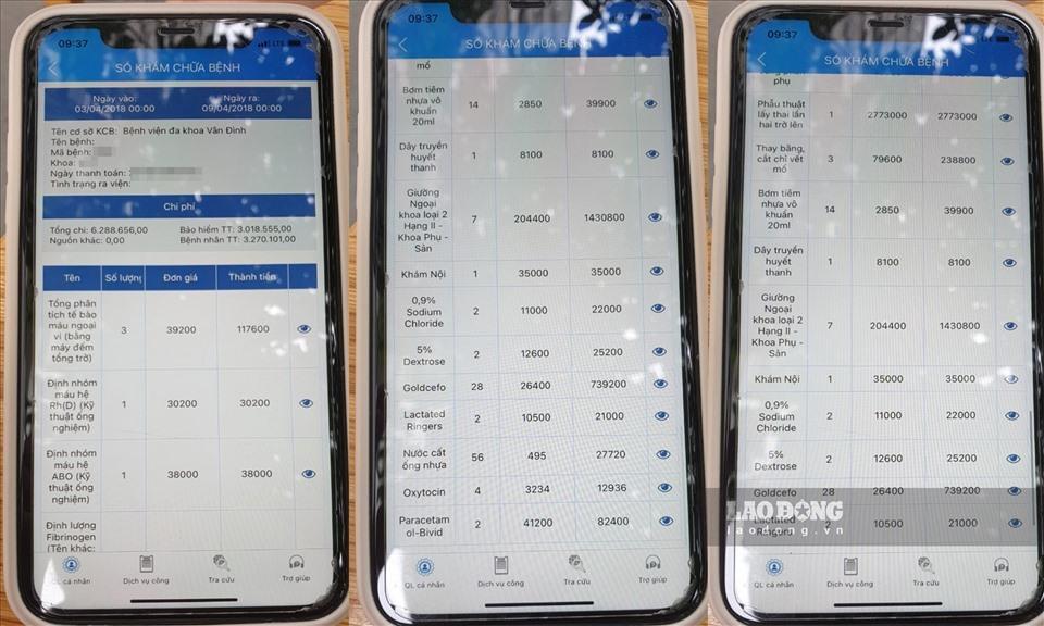 Dữ liệu trên VSSID cho thấy, chị L đã sử dụng hàng chục dịch vụ, thuốc và vật tư y tế phục vụ cho việc sinh đẻ tại BV đa khoa Vân Đình từ ngày 3 - 9.4.2018, dù khi đó chị L. chưa có bầu. Ảnh: Trần Tuấn