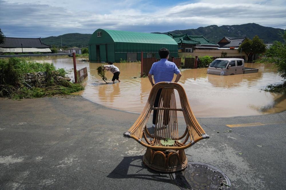 Một chú chó tìm chỗ trú trên mái nhà ở làng Seondu, Gyeongju.