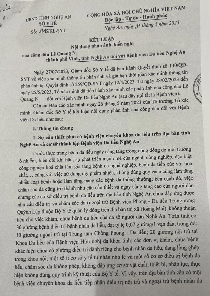 Kết luận của Sở Y tế Nghệ An đã chỉ ra nhiều sai phạm nghiêm trọng tại Bệnh viện Da liễu Nghệ An. Ảnh: Quang Đại