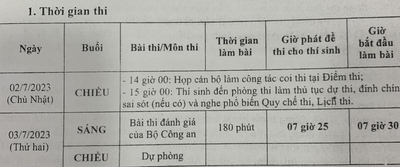 Lịch diễn ra kỳ thi riêng do Bộ Công an tổ chức.