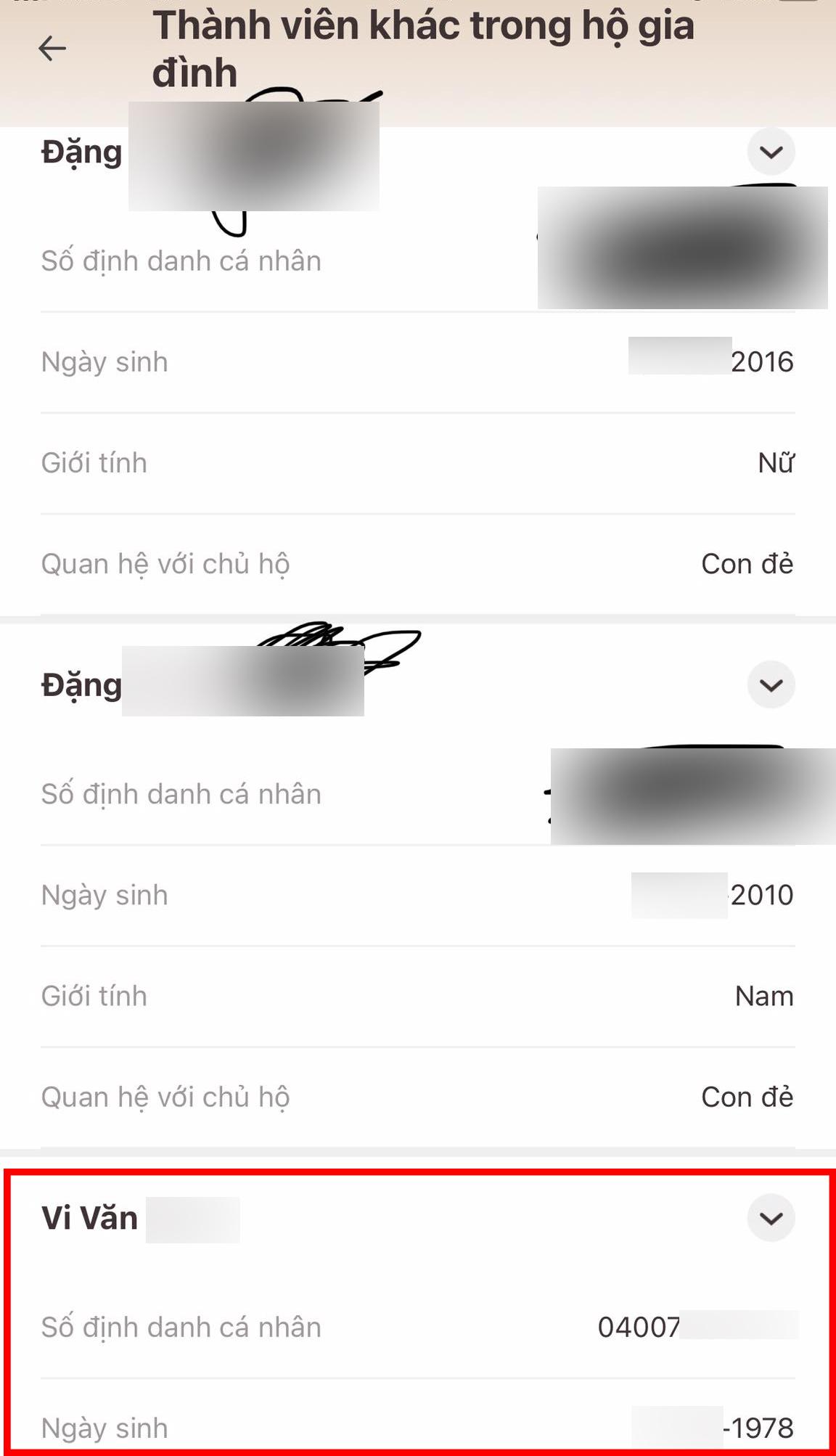 Một thành viên lạ xuất hiện trong phần thông tin trên tài khoản VNeID của chị T.K (khoanh đỏ). Ảnh: Nhân vật cung cấp