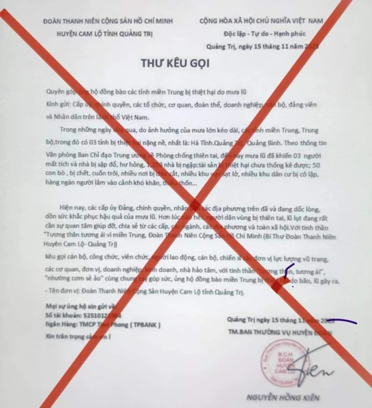 Giả mạo thư kêu gọi quyên góp ủng hộ đồng bào miền Trung thiệt hại do mưa lũ - Ảnh 1.