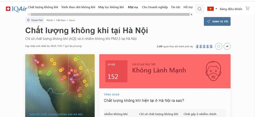 Chỉ số chất lượng không khí (AQI) tại Hà Nội trong sáng nay là 152 - mức không lành mạnh.