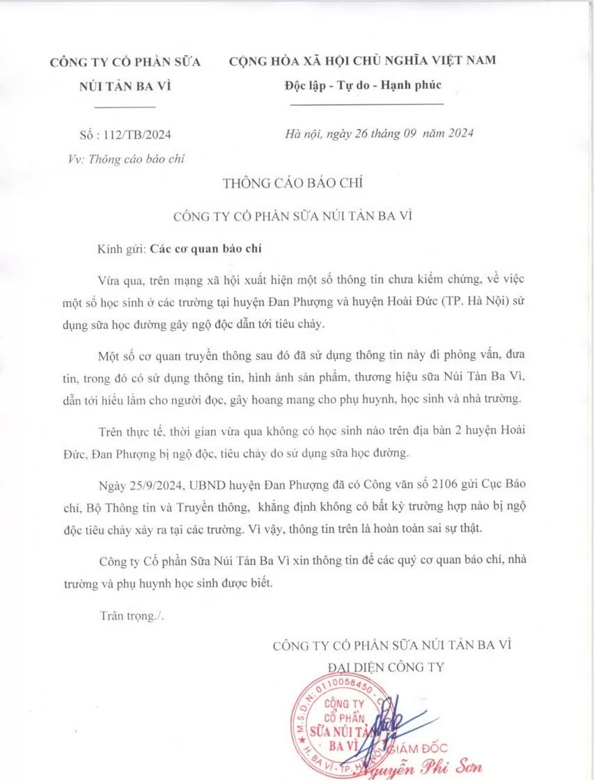 Núi Tản Ba Vì khẳng định không có học sinh bị ngộ độc do sử dụng sữa học đường Núi Tản Ba Vì khẳng định không có học sinh bị ngộ độc do sử dụng sữa học đường