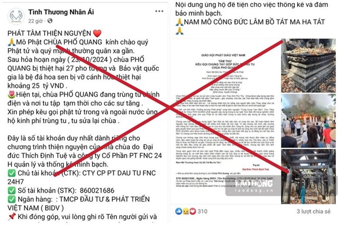 Chùa Phổ Quang bác bỏ thông tin kêu gọi ủng hộ trên Facebook