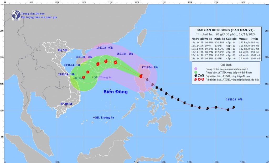 Vị trí và đường đi của bão Man-yi. (Nguồn: Trung tâm Dự báo Khí tượng Thủy văn Quốc gia)