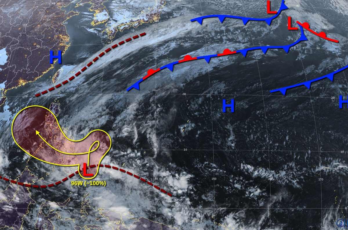 JTWC dự báo áp thấp 96W mạnh lên thành bão trong 1-2 ngày tới. Ảnh: JTWC