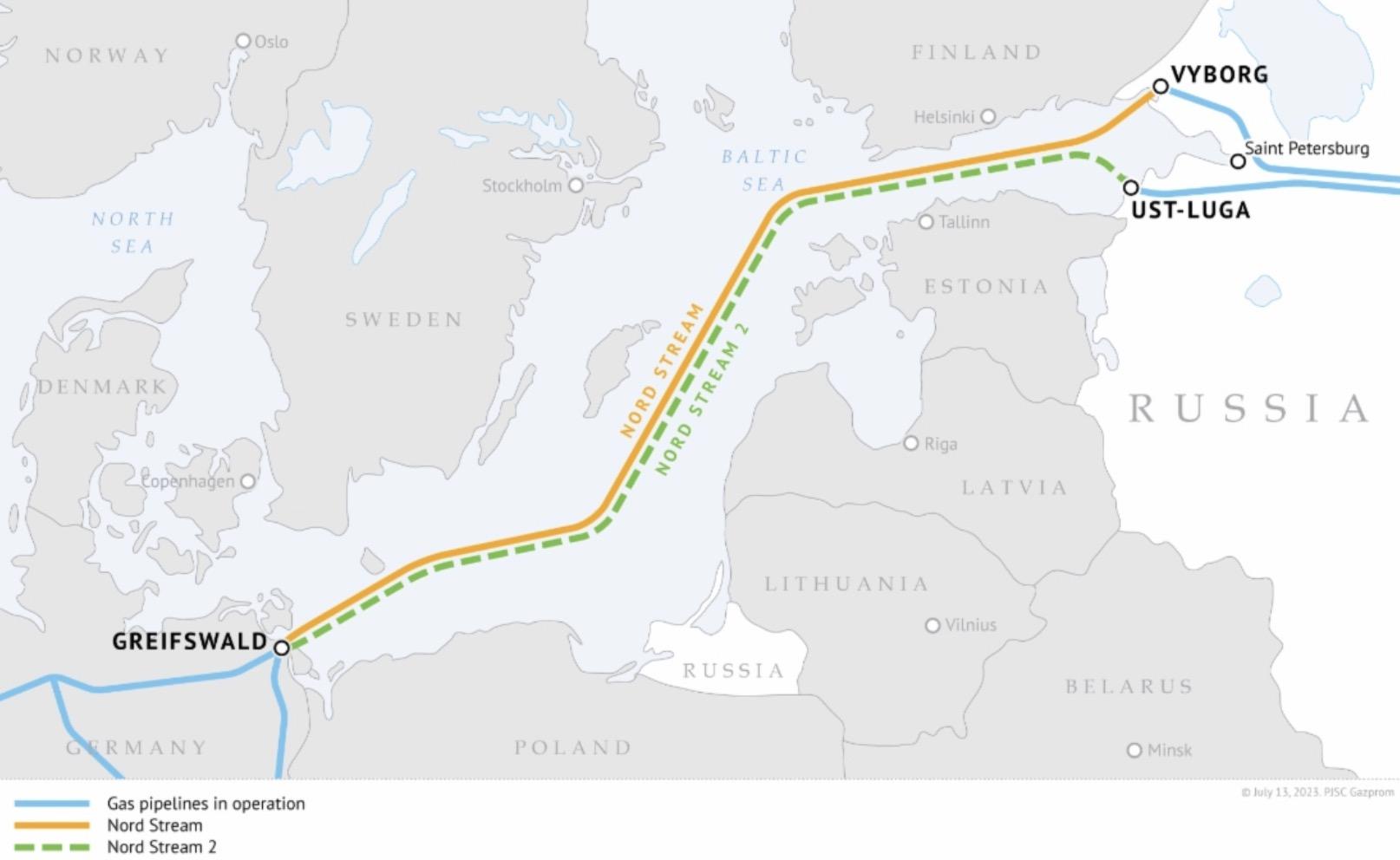 Vị trí đường ống dẫn khí Nord Stream và Nord Stream 2. Ảnh: Gazprom