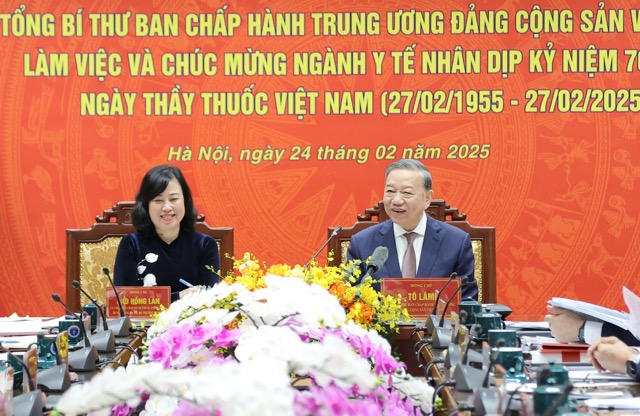 Tổng Bí thư Tô Lâm và Bộ trưởng Bộ Y tế Đào Hồng Lan tại buổi làm việc. Ảnh: Bộ Y tế