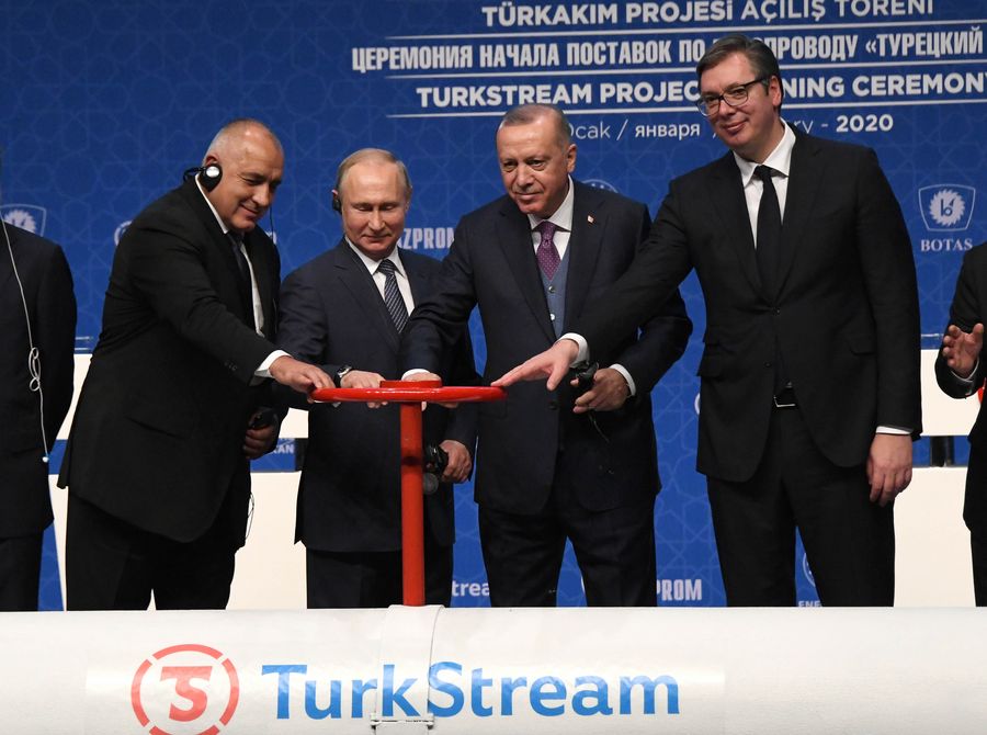 Tổng thống Nga Vladimir Putin, Tổng thống Thổ Nhĩ Kỳ Recep Tayyip Erdogan, Tổng thống Serbia Aleksandar Vucic và Thủ tướng Bulgaria Boyko Borissov tham dự lễ khánh thành đường ống TurkStream tại Istanbul, Thổ Nhĩ Kỳ, ngày 8.1.2020. Ảnh: Xinhua