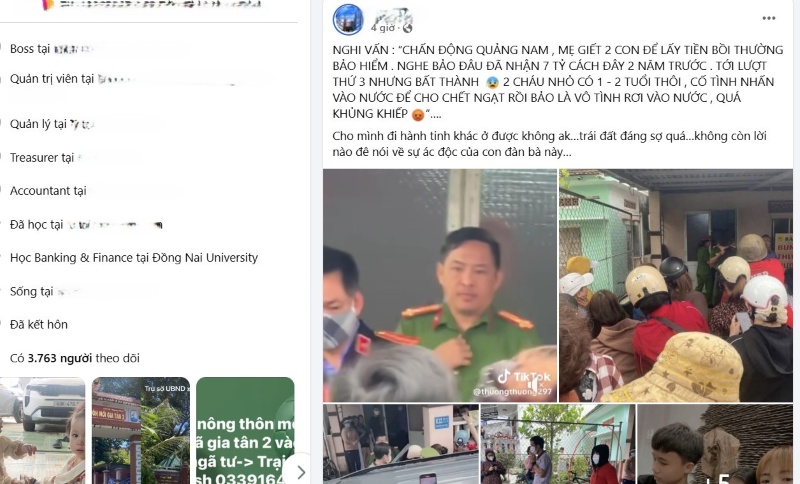 Dù chưa được kiểm chứng nhưng nhiều cá nhân và hội, nhóm trên mạng xã hội đã lan truyền thông tin “Mẹ giết con trục lợi tiền bảo hiểm“, gây chấn động dư luận. Ảnh: Chụp màn hình
