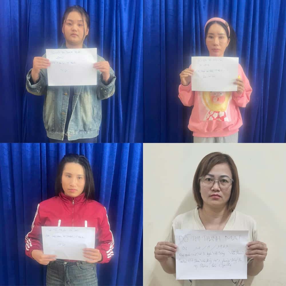 Nhóm đối tượng bị bắt về hành vi môi giới mại dâm. Ảnh: Công an