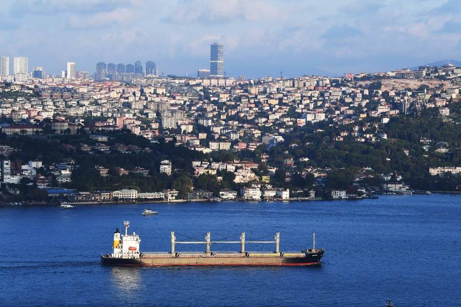 Tàu chở ngũ cốc từ Ukraina đi qua eo biển Bosphorus ở Istanbul, Thổ Nhĩ Kỳ, ngày 7.8.2022. Ảnh: Xinhua