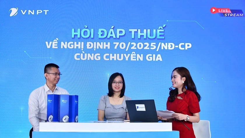 Các chuyên gia cung cấp thông tin pháp lý về hóa đơn điện tử đối với các hộ kinh doanh theo Nghị định số 70/2025/NĐ-CP tại livestream “Hỏi đáp thuế về Nghị định 70/2025/NĐ-CP cùng chuyên gia” do Tập đoàn VNPT tổ chức
