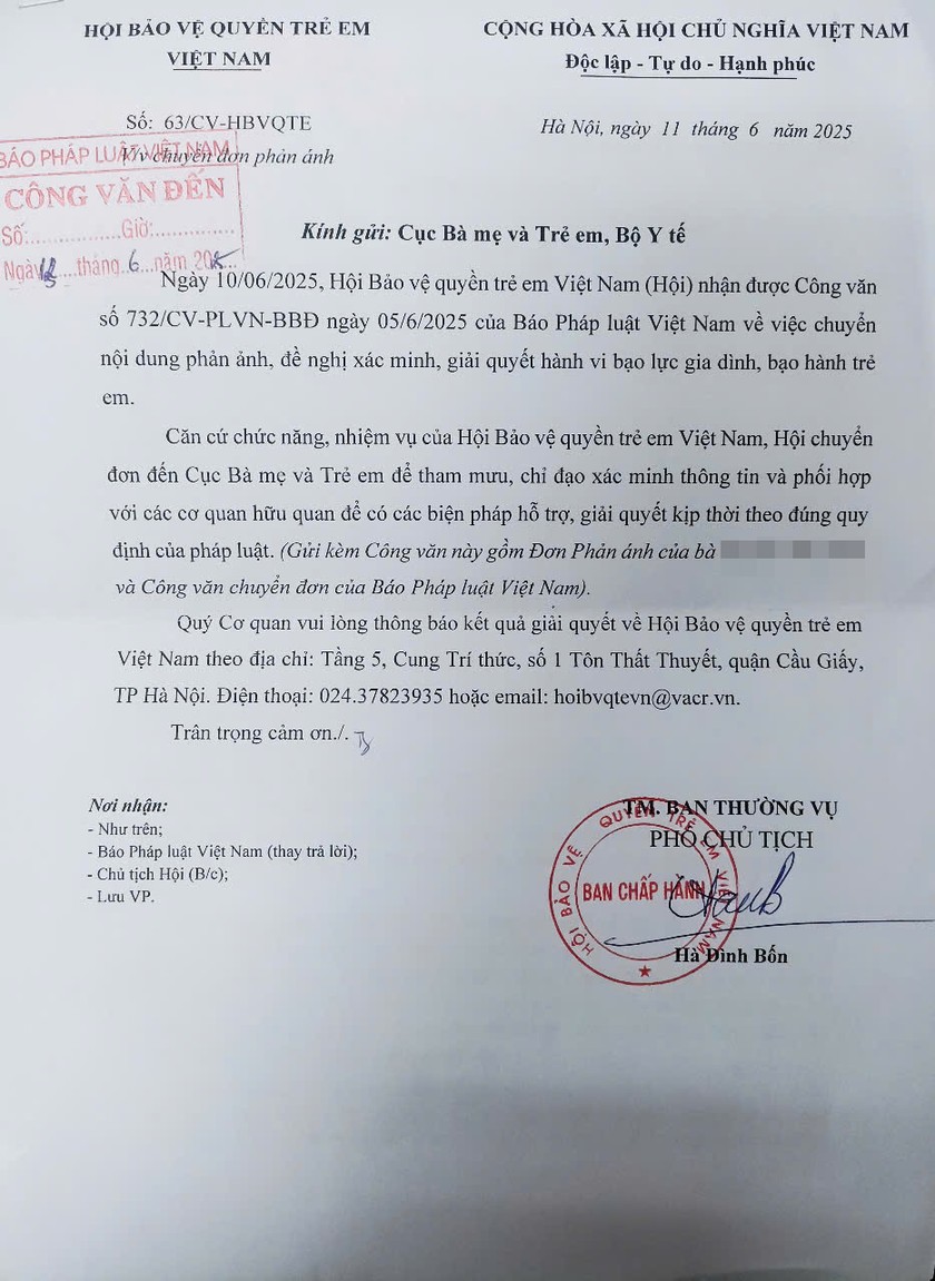 Văn bản Hội Bảo vệ quyền trẻ em Việt Nam gửi Báo PLVN. (Ảnh: Hồng Thương)