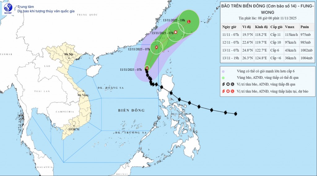 Hướng đi của bão số 14. (Nguồn: Trung tâm Khí tượng Thủy văn Quốc gia)