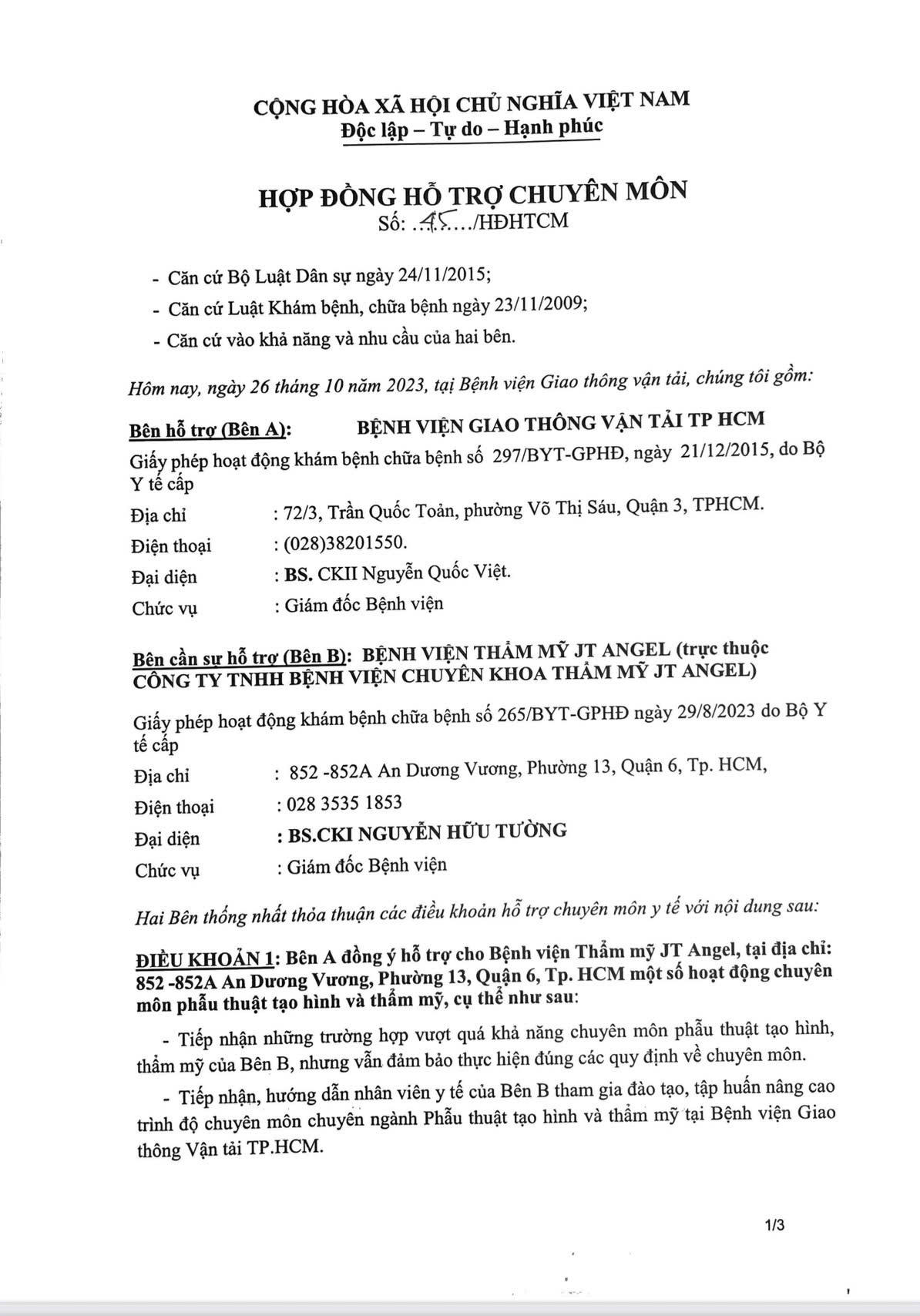 Hợp đồng HTCM giữa BV GTVT TP HCM và BV JTAngel. (Ảnh trong bài: Trần Tiến)