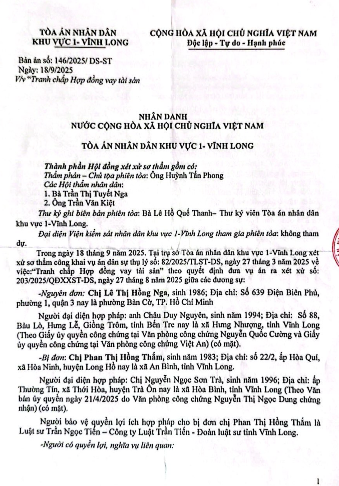 Bản án của TAND khu vực 1 Vĩnh Long. (Ảnh: Trần Tiến)
