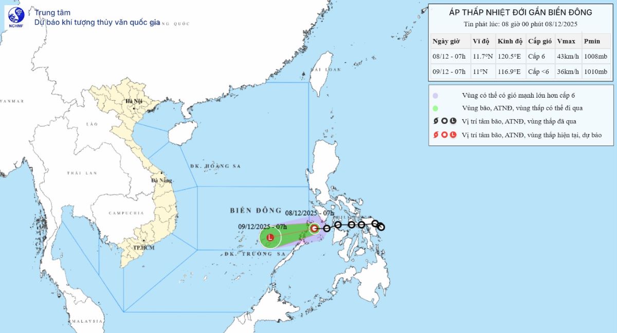 Dự báo áp thấp nhiệt đới gần Biển Đông. Ảnh: Trung tâm Dự báo Khí tượng Thủy văn Quốc gia Việt Nam