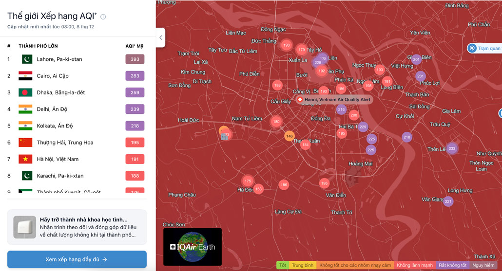 Theo IQAir, lúc 8h sáng nay nhiều khu vực ở Hà Nội có chỉ số ô nhiễm không khí ở mức rất không tốt. Ảnh: IQAir