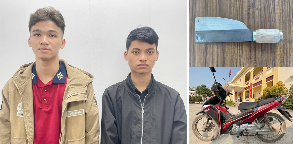 Đối tượng Trần Văn Nguyên (áo đen) và Mai Quang Anh cùng tang vật vụ cướp tài sản.