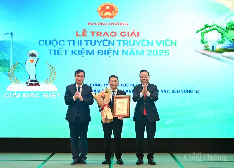 Thứ trưởng Nguyễn Hoàng Long trao giải Đặc biệt cho Tổng công ty Điện lực miền Bắc. Ảnh: Nam Nguyễn