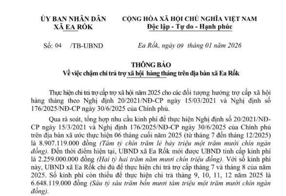 Xã Ea Rốk ở Đắk Lắk chậm chi trả hơn 6,6 tỉ đồng tiền trợ cấp xã hội