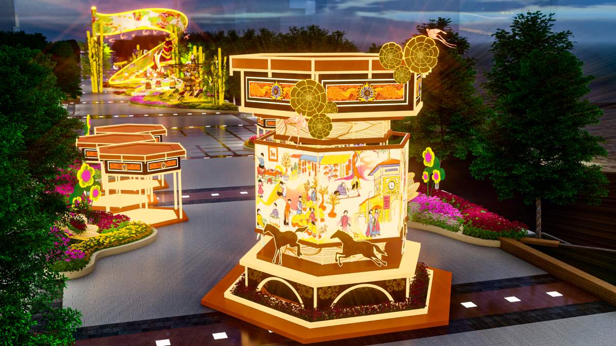 Khu vực “Rực rỡ miền ký ức” có điểm nhấn là chiếc đèn kéo quân khổng lồ cao hơn 6m, đường kính 6,4m.