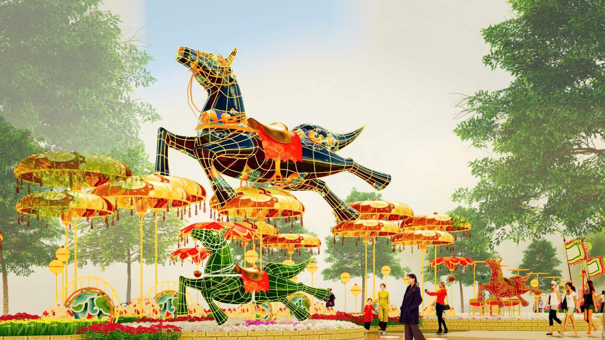 Điểm đặc biệt của cụm đại cảnh “Lý ngựa ô” là bề mặt linh vật được hiệu ứng sơn mài với hoa văn mây sóng 3D hologram, tạo nên sự óng ánh, bắt mắt dưới ánh nắng mặt trời.