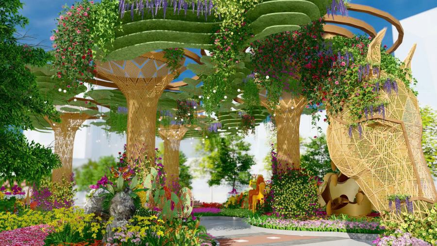 Điểm nhấn của Đường hoa năm nay là “Nhất mã thong dong“, là linh vật lớn nhất Đường hoa với chiều cao gần 7m. Được chế tác từ chất liệu tre đan hình học thân thiện với môi trường, ngựa khổng lồ này tạo ra một không gian sinh thái đa tầng.