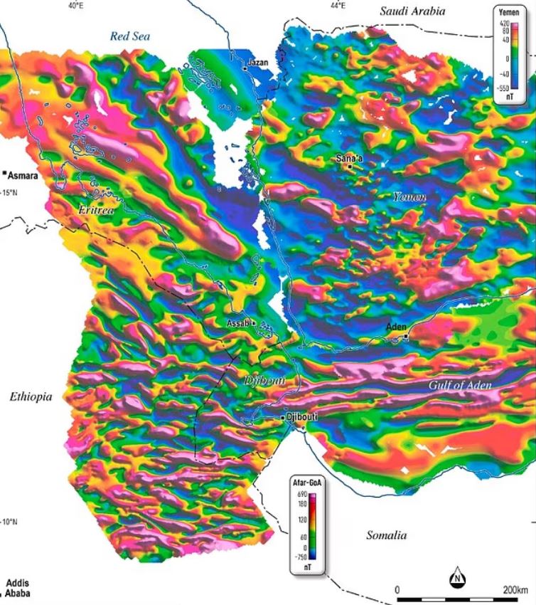 Các dải mở đáy biển kéo dài từ Vịnh Aden sang và xuống vực Afar. Ảnh: Tạp chí Khoa học Trái đất châu Phi
