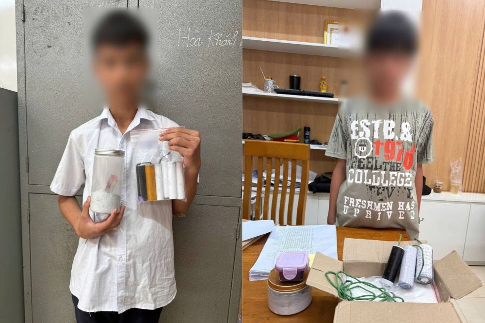 Hai học sinh THCS tàng trữ, tự chế pháo nổ do xem và làm theo video hướng dẫn trên mạng xã hội. Ảnh: Công an TP Đà Nẵng