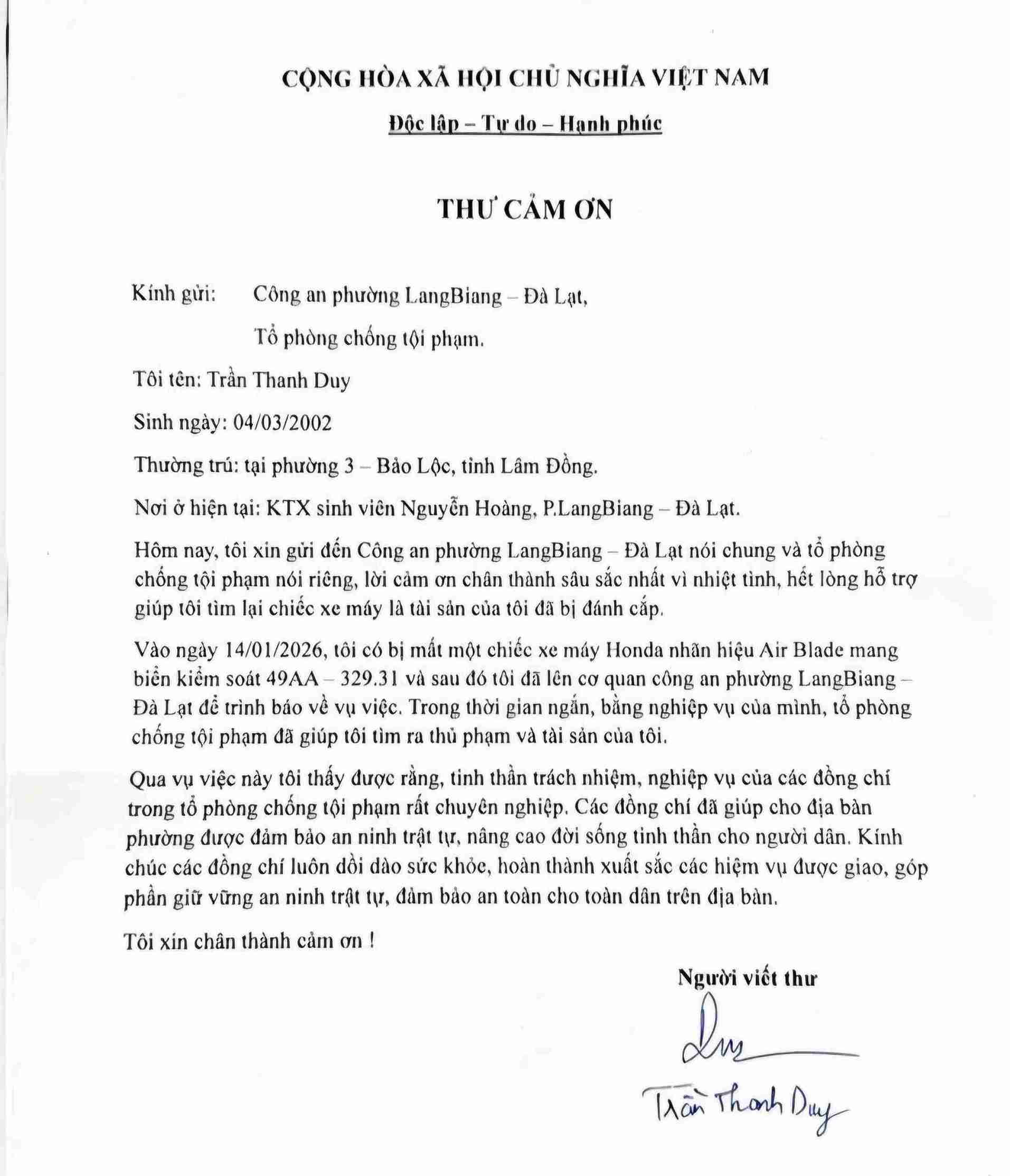 Thư cảm ơn của anh T.T.D gửi Công an phường Lang Biang - Đà Lạt. Ảnh: Công an cung cấp