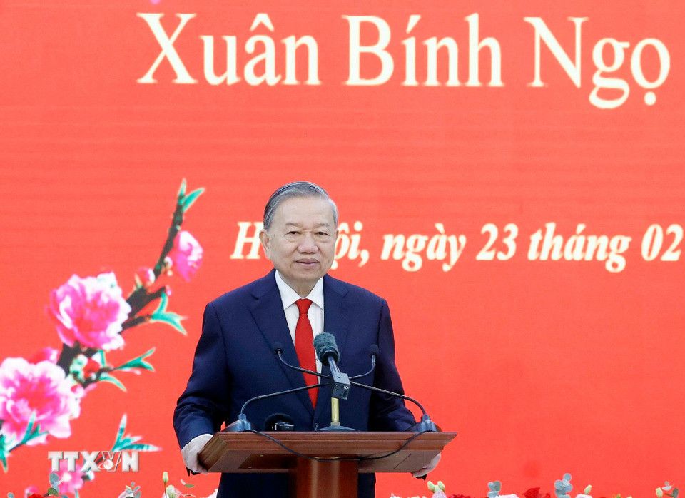 Tổng Bí thư Tô Lâm phát biểu chúc Tết Bính Ngọ 2026. Ảnh: TTXVN