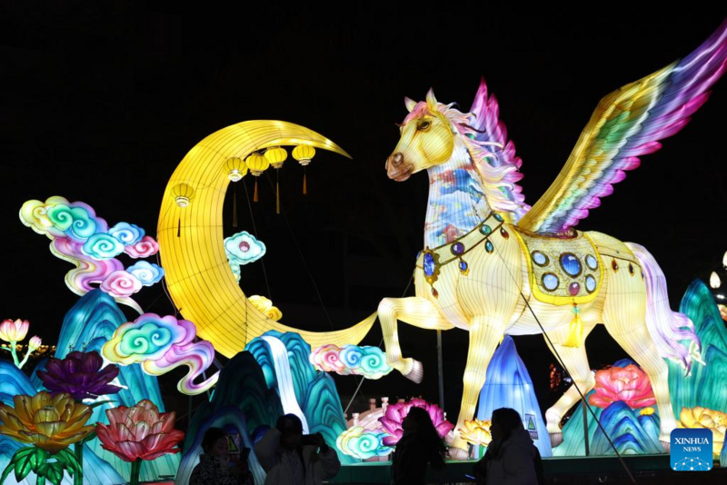 Du khách chiêm ngưỡng đèn lồng chào mừng tết Nguyên đán tại Lan Châu, tỉnh Cam Túc, Tây Bắc Trung Quốc. Ảnh: Xinhua