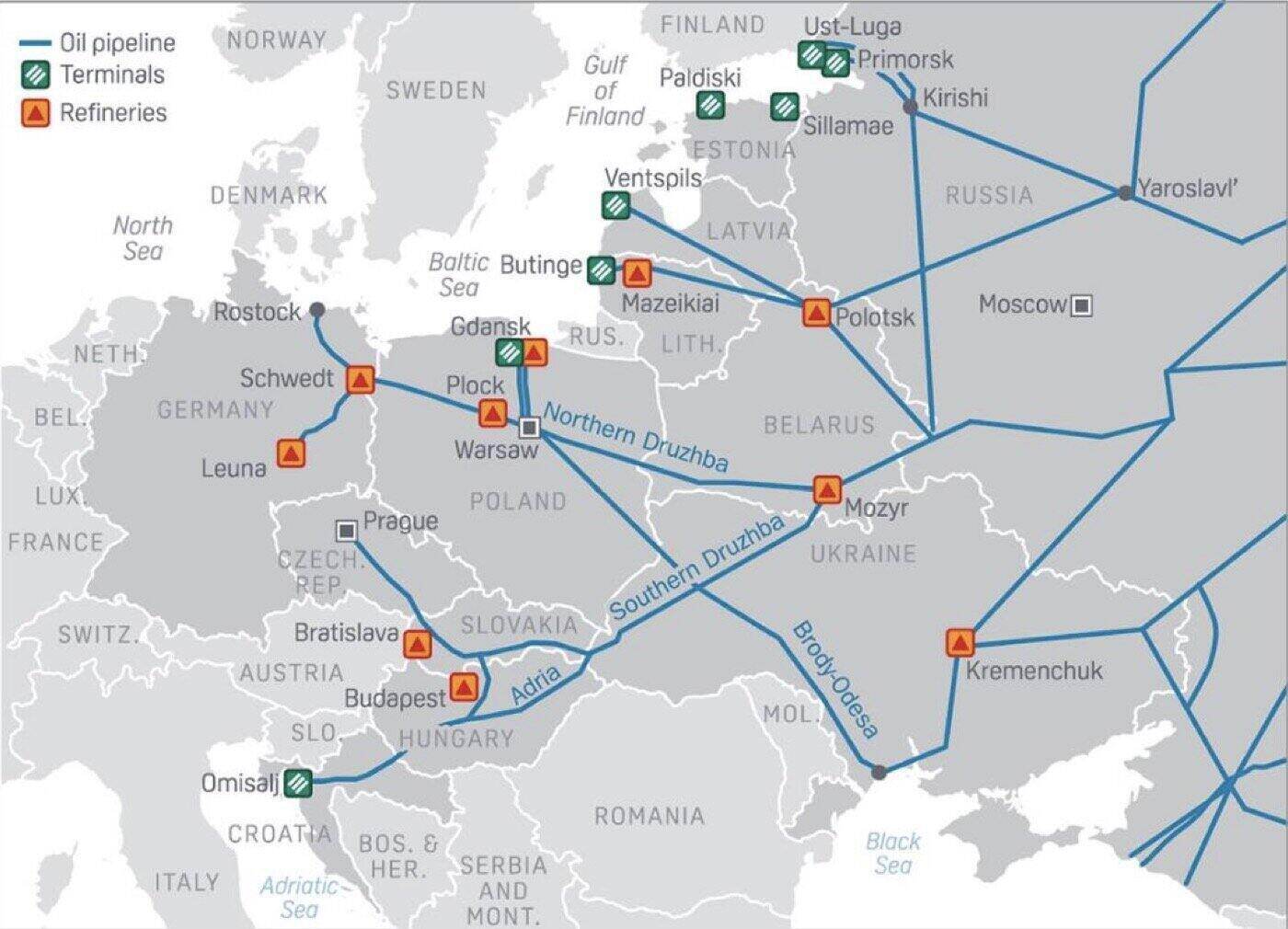 Mạng lưới đường ống dẫn dầu ở Trung và Đông Âu, trong đó có Druzhba. Ảnh: Oxford Energy