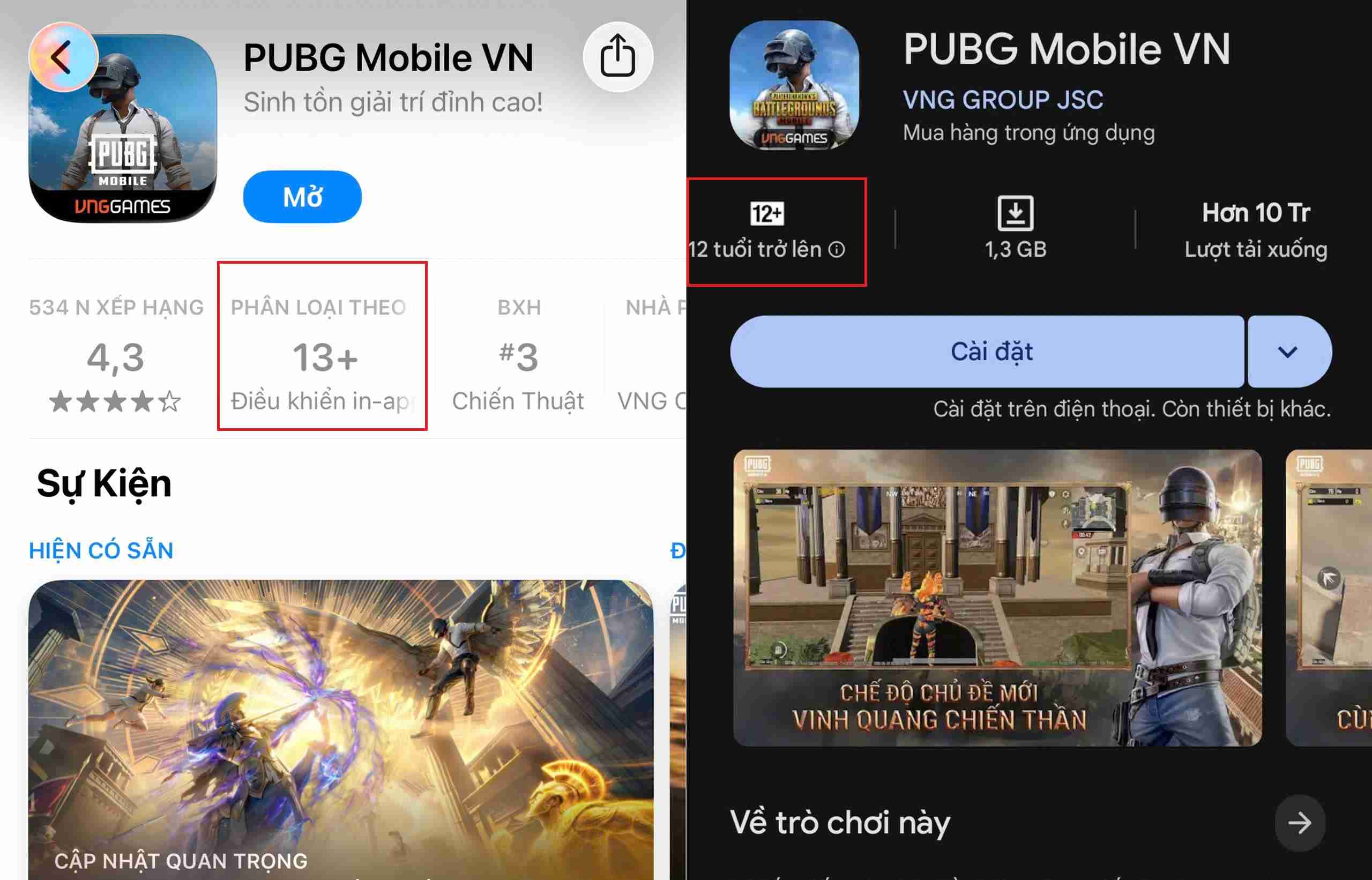 Dù được cấp phép 18+ nhưng trên Appstore, Google Play, Pubg Mobile - game do VNG phát hành lại hiển thị phân loại chỉ là 12+ và 13+