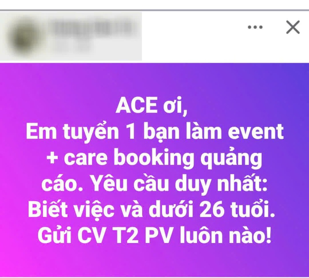 Thông tin tuyển dụng với yêu cầu “duy nhất” là ứng viên dưới 26 tuổi do bà Nguyễn Hà Thu đăng tải. Ảnh: NVCC