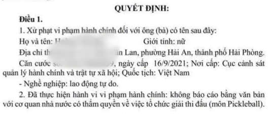 Tự tổ chức giải pickleball thu phí, một người ở Hải Phòng bị xử phạt