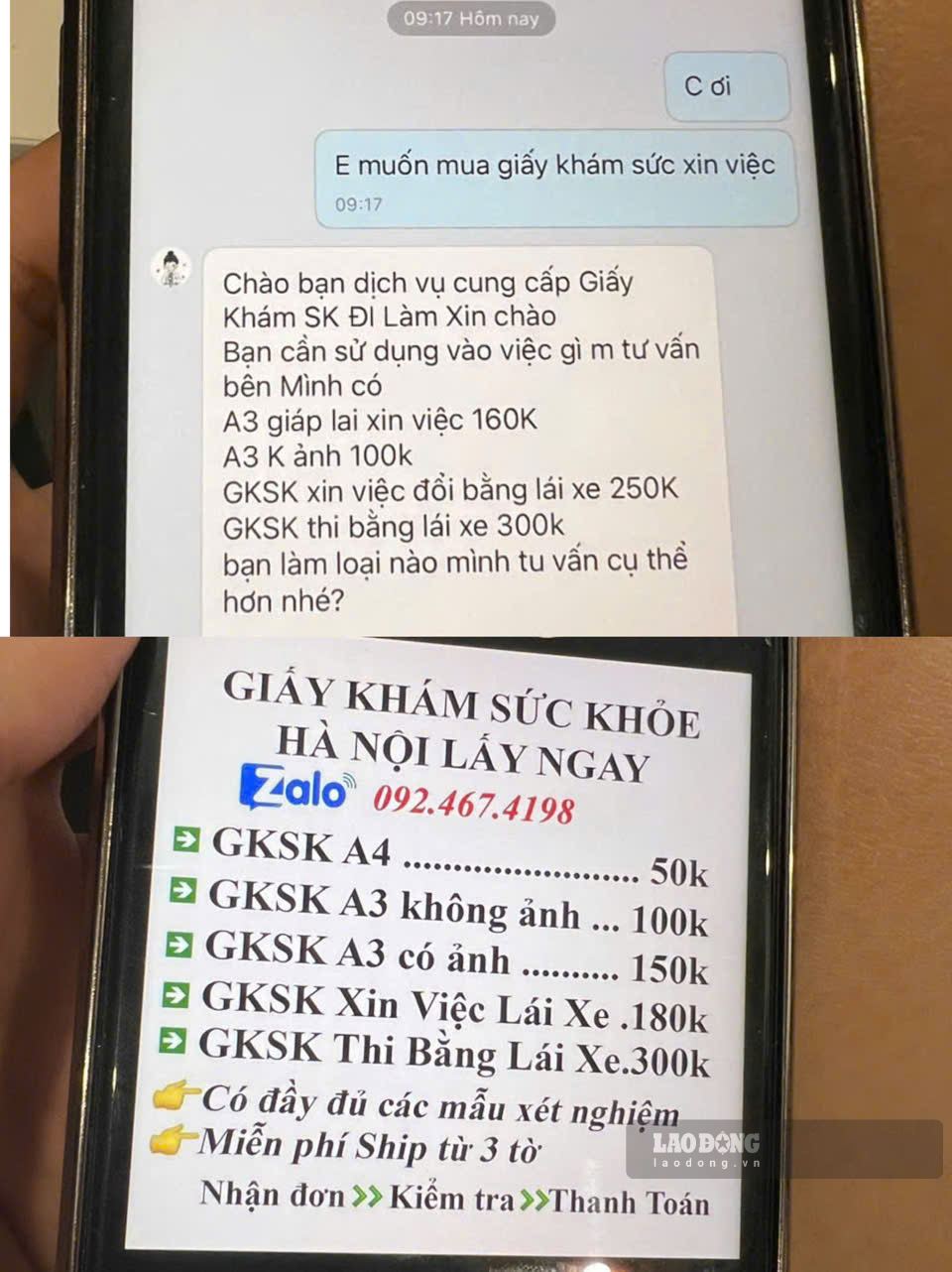 Giấy khám sức khỏe được mời chào với các mức giá từ 50.000 đồng - 300.000 đồng. Ảnh: Quang Minh.