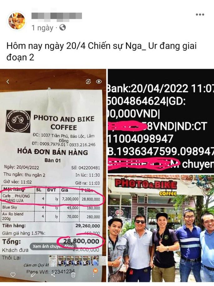 Hóa đơn tính tiền 4 ly cà phê